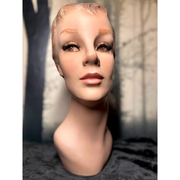 Antique 40s 50s Female Mannequin Head Bust Vintage Woman Hat Jewelry Scarf - Picture 1 of 9